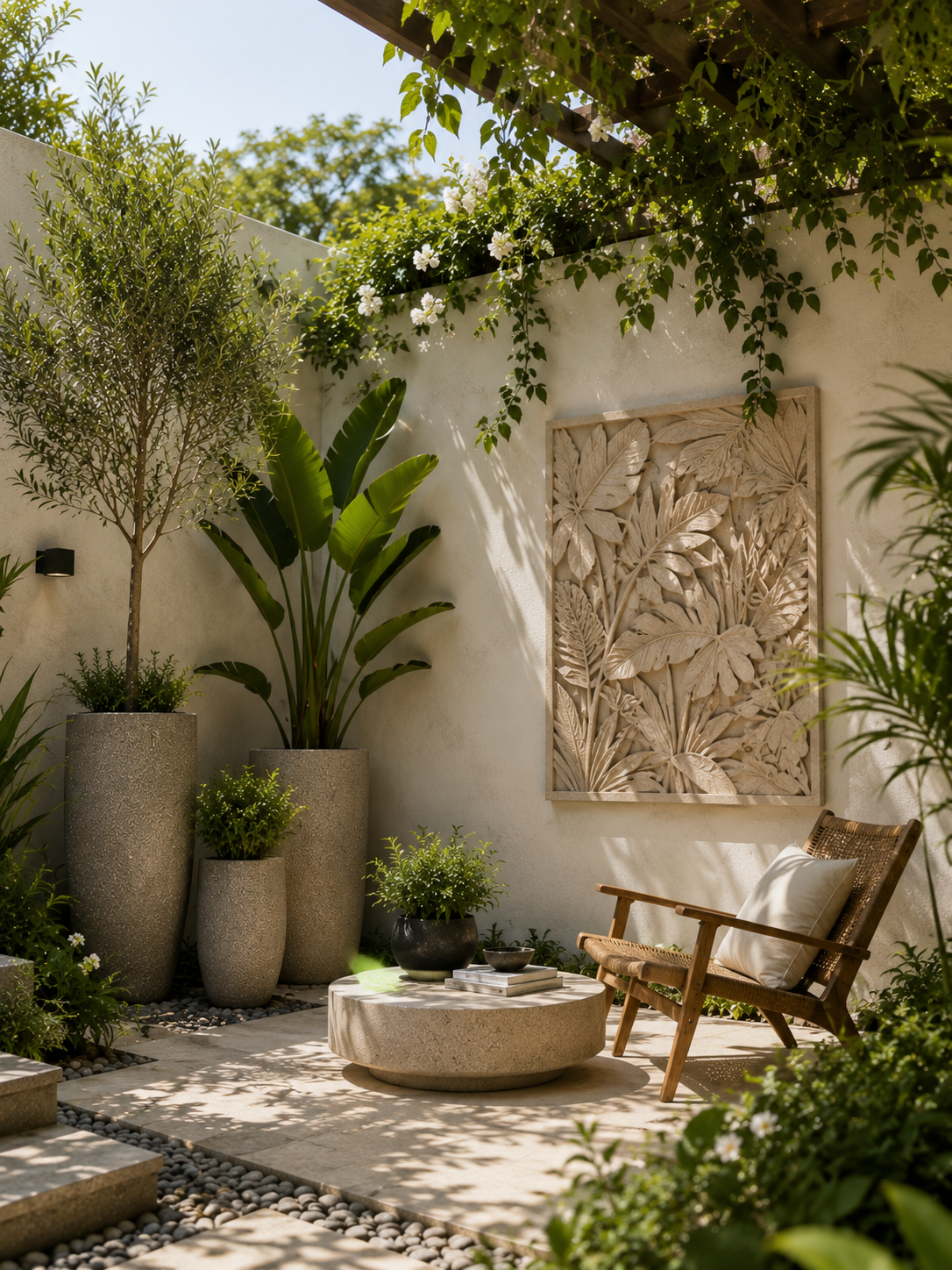 A sunlit courtyard with textured stone planters and a carved leaf relief
