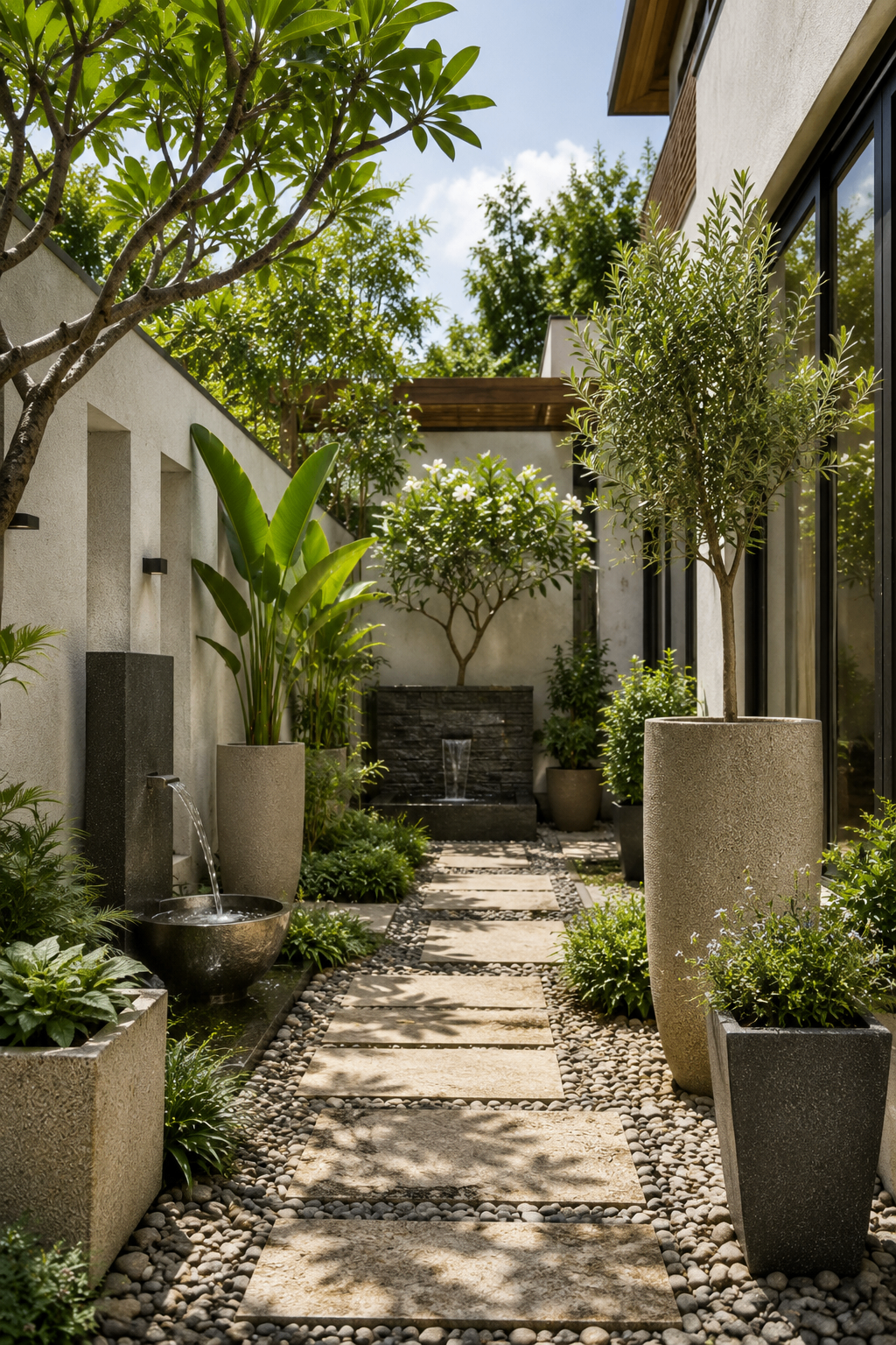 A courtyard path with stepping stones, water feature and tall stone planters