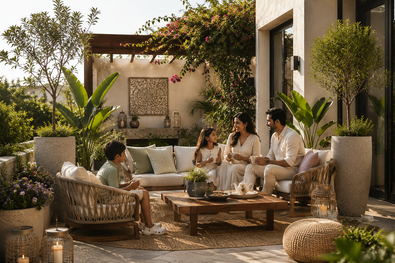 An Indian family sharing tea on a terrace lounge among tall planters and bougainvillea