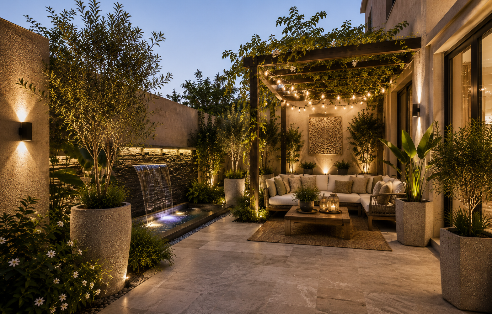 A pergola lounge at dusk with string lights and a stone waterfall