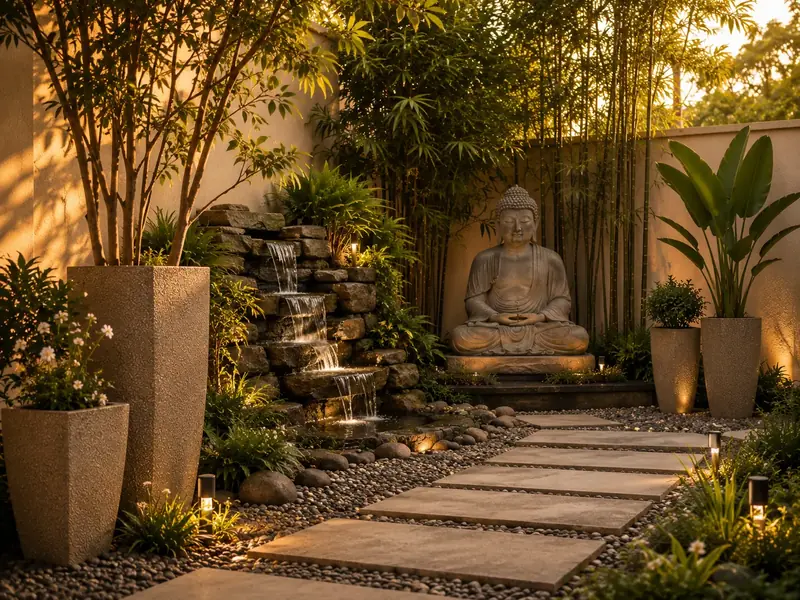 A meditation corner with a Buddha statue, waterfall and bamboo