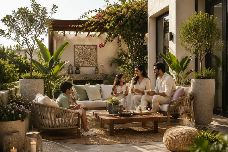 An Indian family sharing tea on a terrace lounge among tall planters and bougainvillea